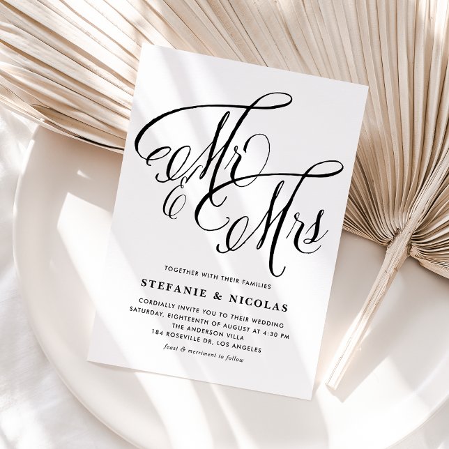 Black Mr och Rustic Calligraphy Bröllop Inbjudan Vykort (Black Mrs and Mrs Rustic Calligraphy Wedding Invitation Postcard)