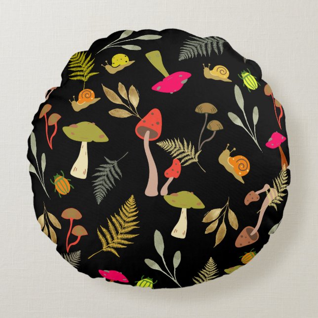Black Mushroom Botanical Round Dekorativ kudde (Framsidan)