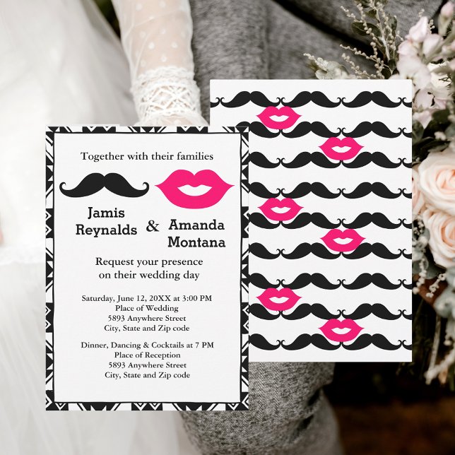 Black Mustache och Rosa Läppar Cum Boping Bjud in Inbjudningar (Black Mustache and Pink Lips Couple Wedding Invite)