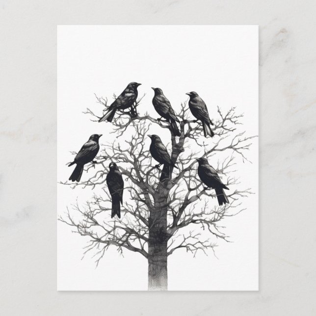 Black Mysic Träd Flock Design för gemensam Kråka Vykort (Framsida)