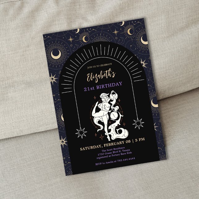 Black Mystic Aquarius Zodiac 21:a födelsedagen Inbjudningar (Black Mystic Aquarius Zodiac 21st Birthday Invitation)