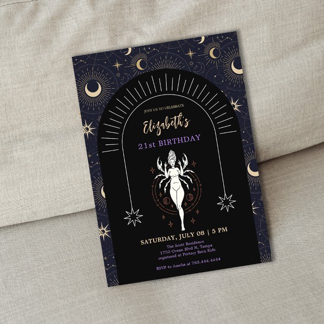 Black Mystic Cancer Zodiac 21:a födelsedagen Inbjudningar (Black Mystic Cancer Zodiac 21st Birthday Invitation)