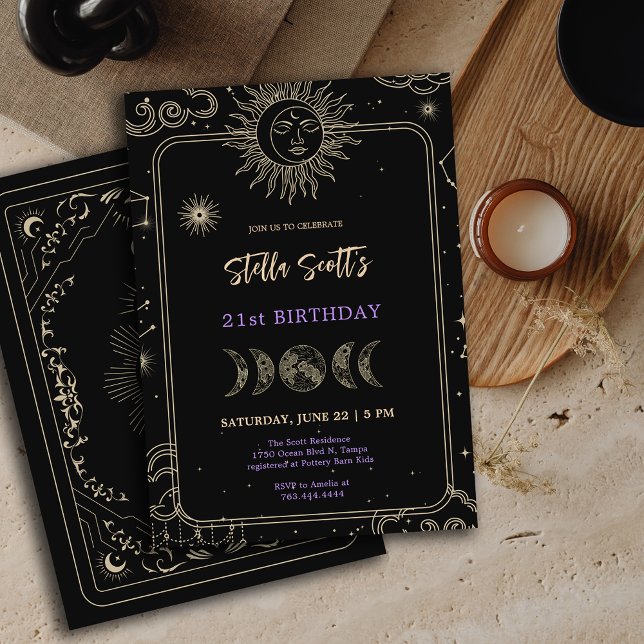 Black Mystic Celestial Moon 21:a födelsedagen Inbjudningar (Black Mystic Celestial Moon 21st Birthday Invitation)