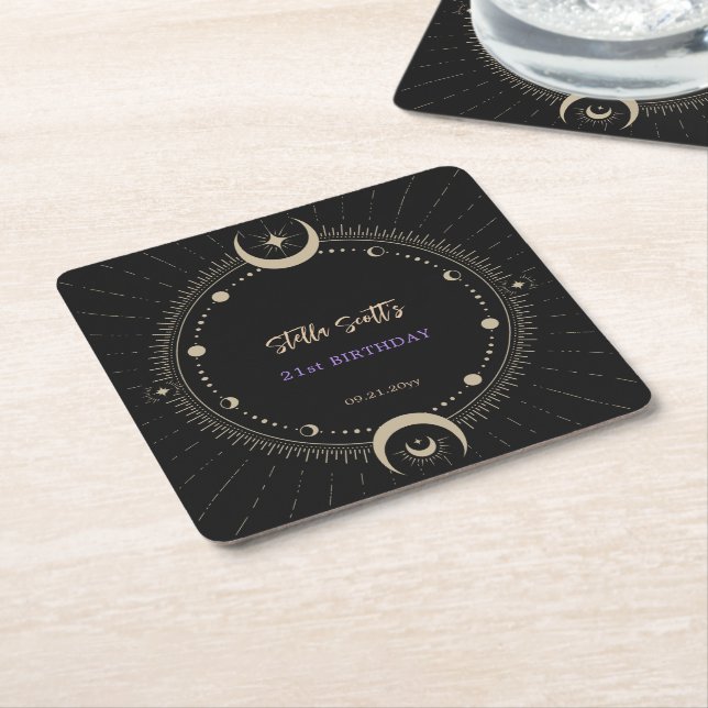 Black Mystic Celestial Moon 21:a födelsedagen Underlägg Papper Kvadrat (Vinklad)