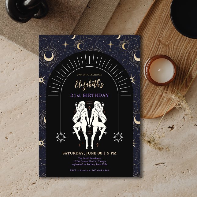 Black Mystic Gemini Zodiac 21:a födelsedagen Inbjudningar (Black Mystic Gemini Zodiac 21st Birthday Invitation)