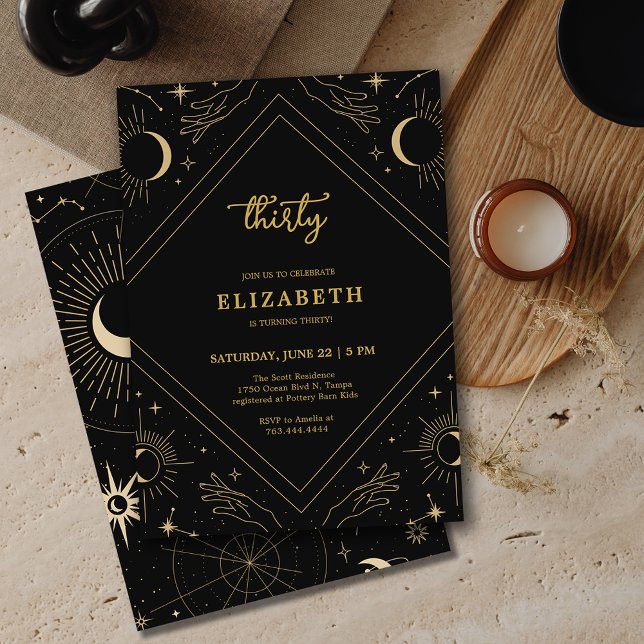Black Mystic Horoscope Måne 30års födelsedag Inbjudningar (Black Mystic Horoscope Moon 30th Birthday Invitation)