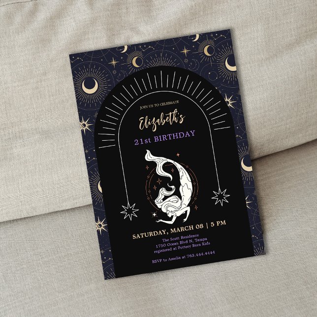 Black Mystic Pisces Zodiac 21:a födelsedagen Inbjudningar (Black Mystic Pisces Zodiac 21st Birthday Invitation)