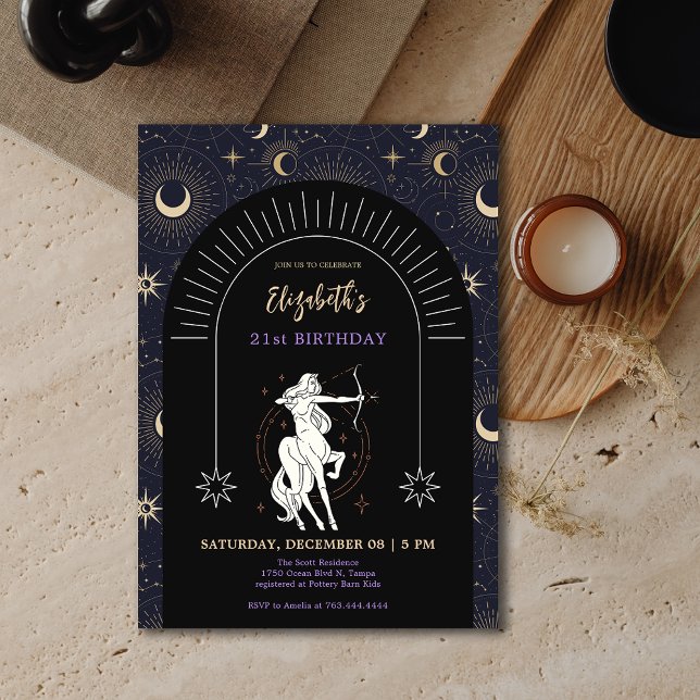 Black Mystic Sagittarius Zodiac 21:a födelsedagen Inbjudningar (Black Mystic Sagittarius Zodiac 21st Birthday Invitation)