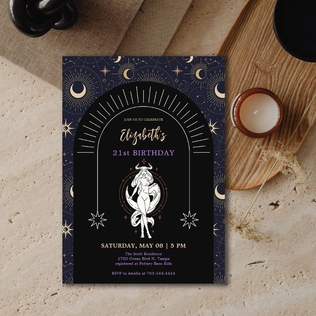 Black Mystic Taurus Zodiac 21:a födelsedagen Inbjudningar (Black Mystic Taurus Zodiac 21st Birthday Invitation)