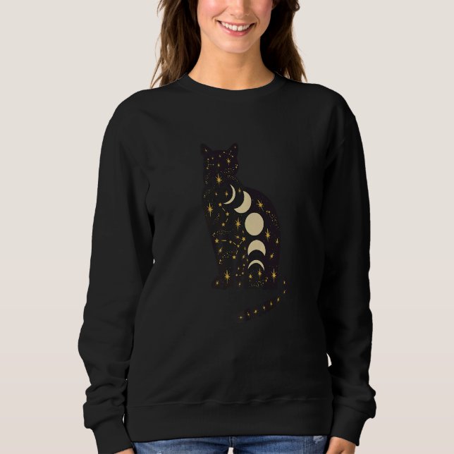 Black Mystical Cat Moon Phases Astrology Crescent  T Shirt (Framsida)