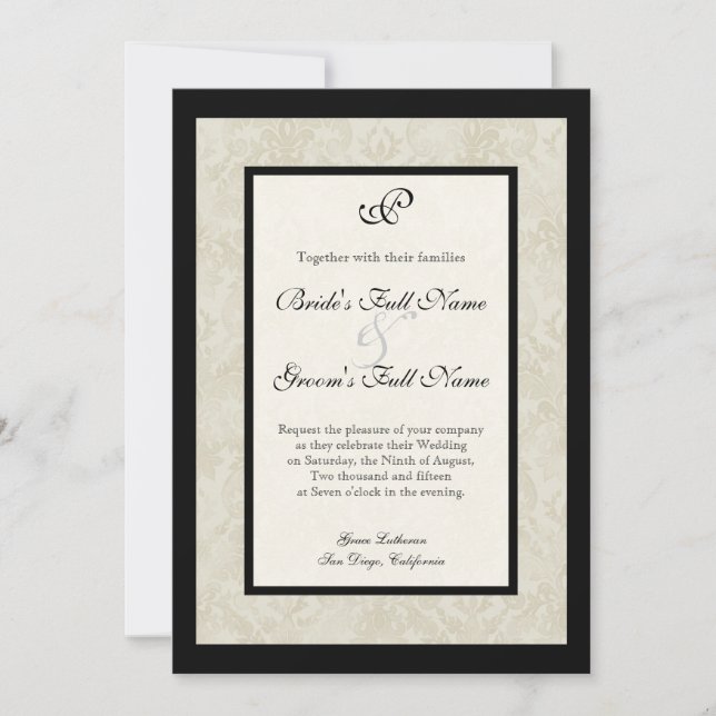 Black n Cream Fleur de Lis Damask Wedding Inbjudningar (Framsida)