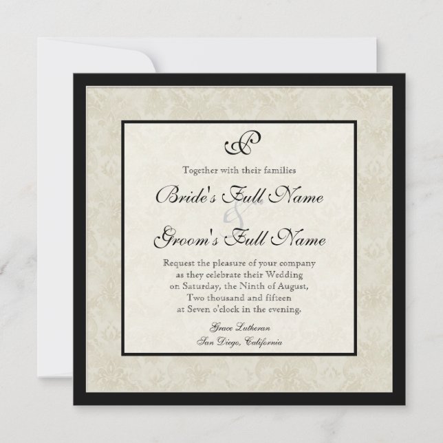 Black n Cream Fleur de Lis Damask Wedding Inbjudningar (Framsida)