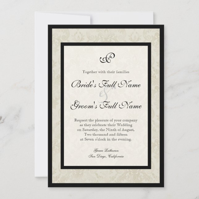 Black n Cream Fleur de Lis Damask Wedding Inbjudningar (Framsida)