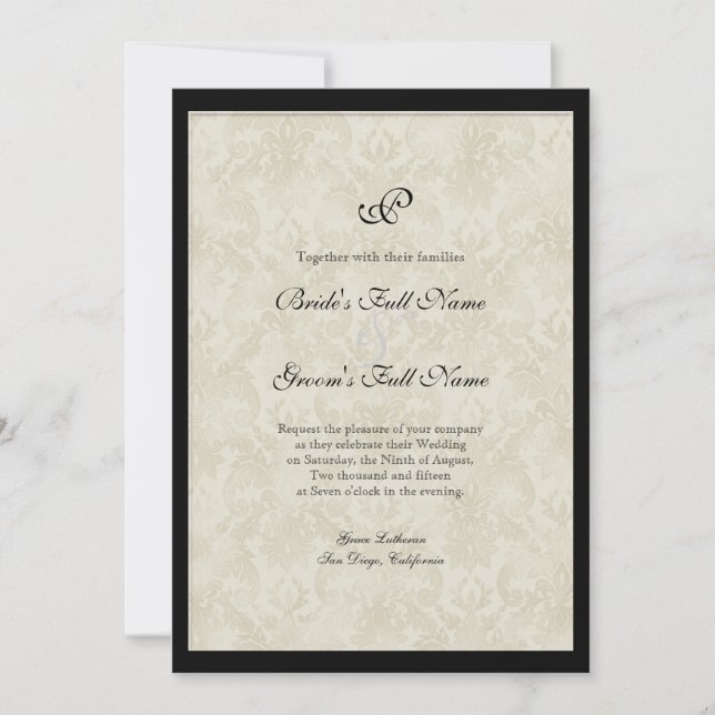 Black n Cream Fleur de Lis Damask Wedding Inbjudningar (Framsida)