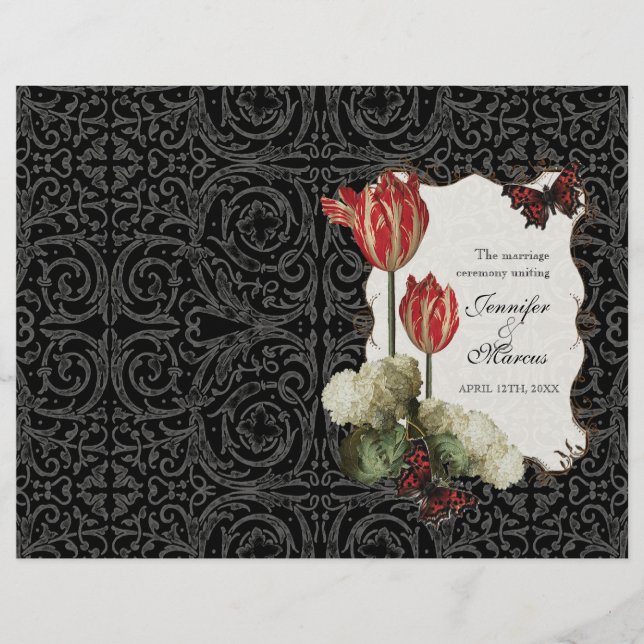 Black n Cream Red Tulip Damask - Bröllopsprogram (Framsida)