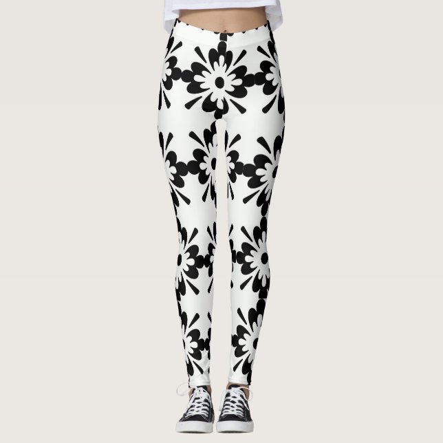 Black n White Big Floral Design Leggings (Framsida)
