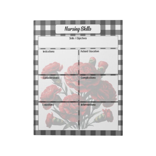 Black n White Blommigt Gingham_ Nursing Skills Anteckningsblock (Roterad)