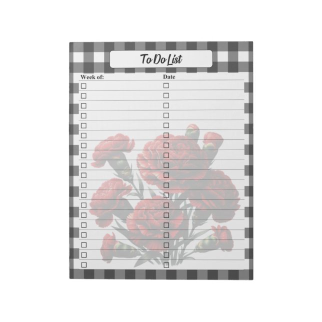 Black n White Blommigt Gingham_ to Do List Anteckningsblock (Roterad)
