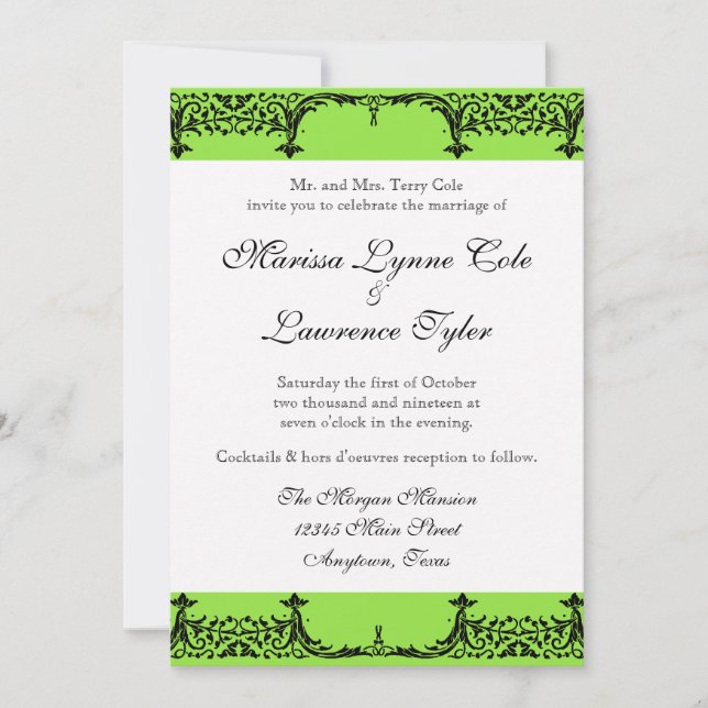Black n White Fleur de Lis Damask Wedding Inbjudningar (Framsida)