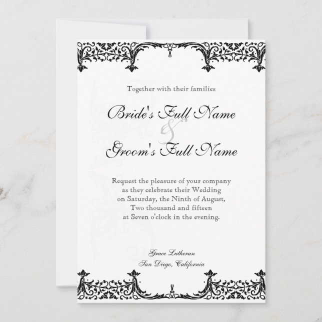 Black n White Fleur de Lis Damask Wedding Inbjudningar (Framsida)
