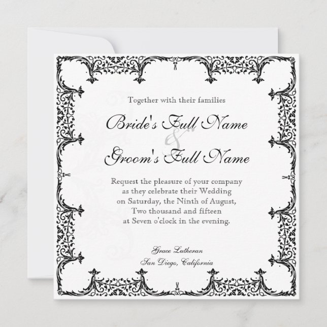 Black n White Fleur de Lis Damask Wedding Inbjudningar (Framsida)