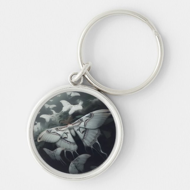 Black n White Moth Keychain Rund Silverfärgad Nyckelring (Framsidan)