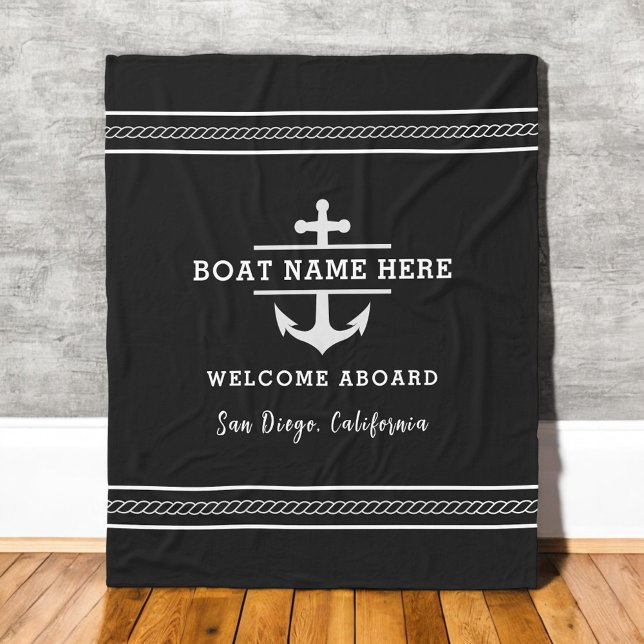 Black Nautical Boat Name Welcome Aboard Anchor  Fleecefilt (Skapare uppladdad)