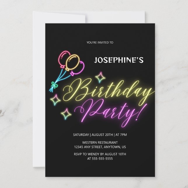 Black Neon Colorful Glow Balloon Birthday Inbjudningar (Framsida)