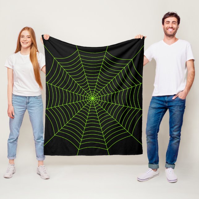 Black neon grönt spindelnät Halloween mönster Fleecefilt (På plats)