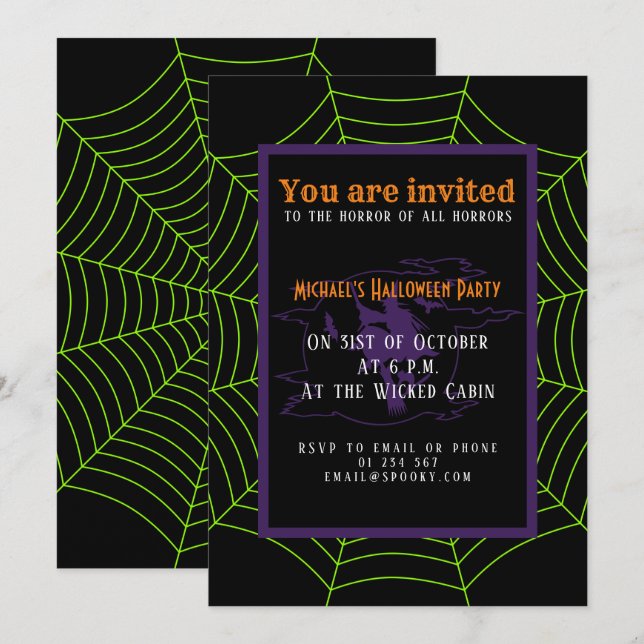 Black neon grönt spindelnät Halloween mönster Inbjudningar (Fram/baksida)