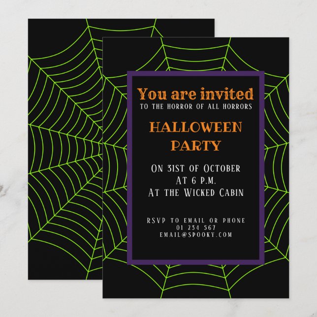 Black neon grönt spindelnät Halloween mönster Inbjudningar (Fram/baksida)