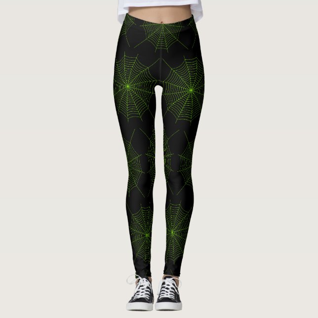 Black neon grönt spindelnät Halloween mönster Leggings (Framsida)