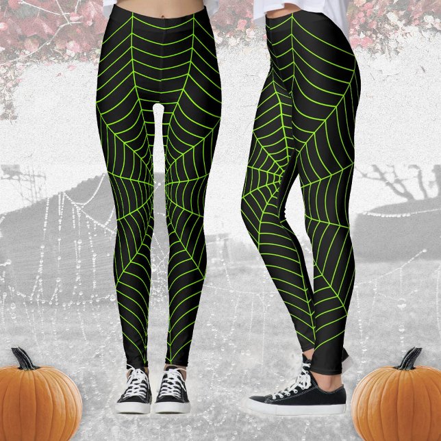 Black neon grönt spindelnät Halloween mönster Leggings (Skapare uppladdad)