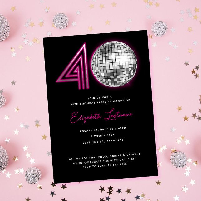 Black Neon Rosa Disco Boll 40:e födelsedagen Inbjudningar (Skapare uppladdad)