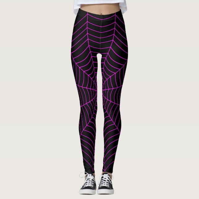 Black neon shock rosa spindelnät Halloween mönster Leggings (Framsida)