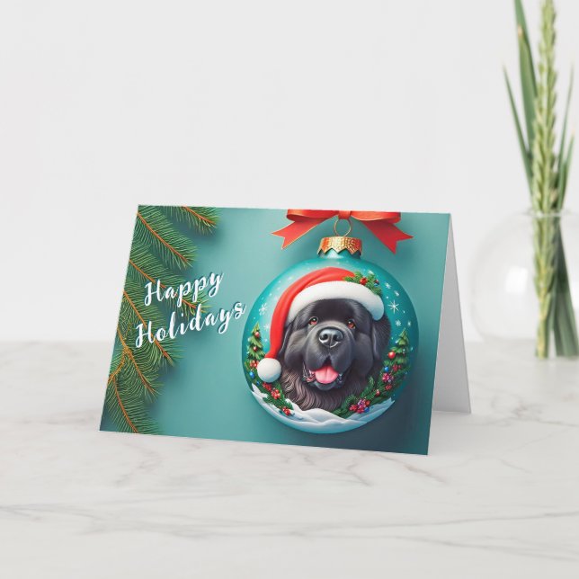 Black Newf på ett julklapp i Boll Helgkort (Framsida)