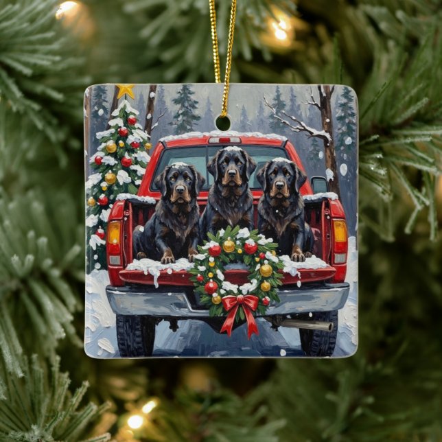 Black Newfoundland Christmas Red Truck Holiday Julgransprydnad Keramik (Träd)