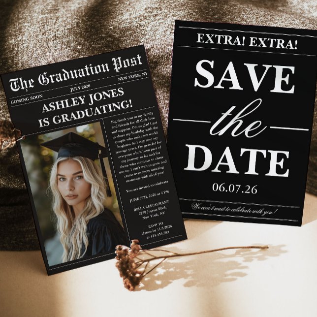 Black Newspaper Photo Graduation  Inbjudningar (Skapare uppladdad)