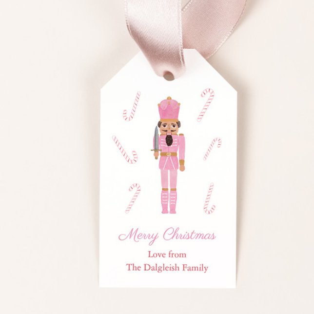 Black Nutcracker in Rosa Kostym God jul Presentetikett (African American nutcracker in candy pink suit merry christmas gift tags)