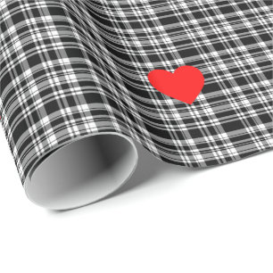 Black N'White tartan pläderad med röd hjärtedetalj Presentpapper