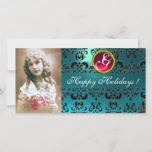 BLACK OCH BLUE DAMASK Red Rosa Ruby Monogram Julkort