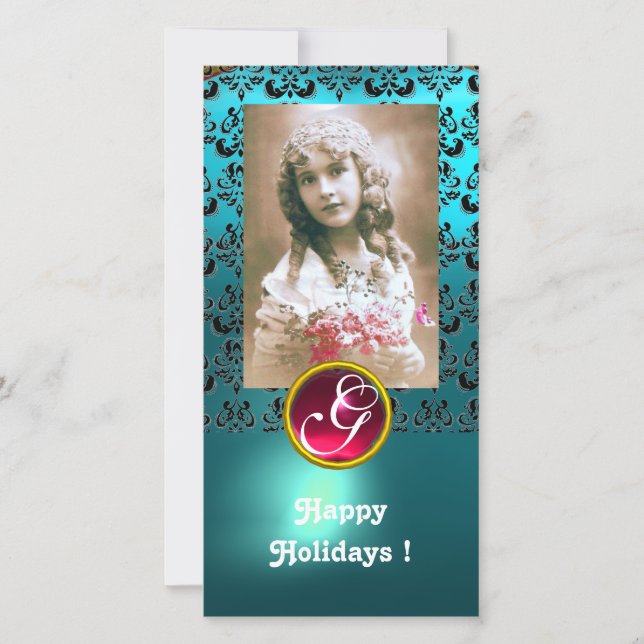 BLACK OCH BLUE DAMASK Red Ruby Monogram Julkort (Framsida)