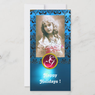 BLACK OCH BLUE DAMASK Red Ruby Monogram Julkort