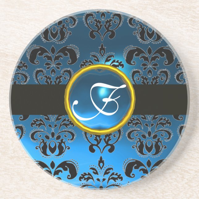 BLACK OCH BLUE DAMASK Sapphire Monogram Underlägg Sandsten (Framsidan)