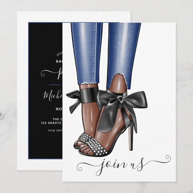 Black och Denim Fashionista Bachelorette Inbjudningar (Fram/baksida)