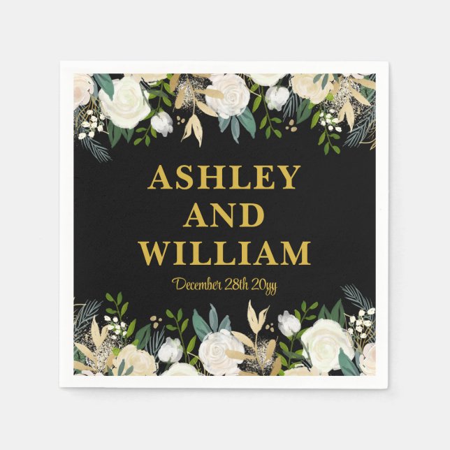 Black och Guld Boho Bohemian Chic Greenery Bröllop Pappersservett (Framsidan)