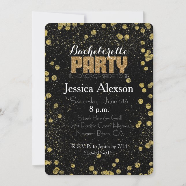 Black och Guld Confetti Faux Glitter Bachelorette Inbjudningar (Framsida)