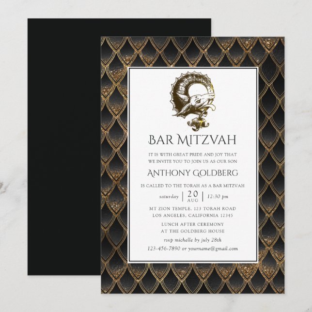 Black och Guld Dragon temat Pub Mitzvah Inbjudningar (Fram/baksida)