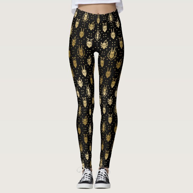 Black och Guld Fantasy Dragon Argyle Mönster Leggings (Framsida)