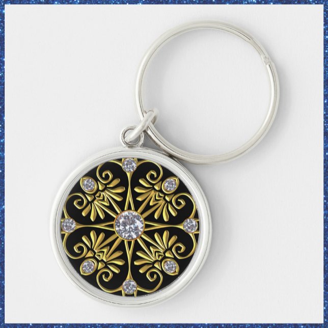 Black och Guld Faux Diamond Rund Silverfärgad Nyckelring (Skapare uppladdad)